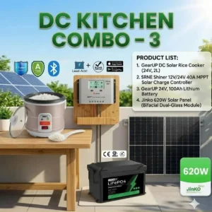 DC Solar Kitchen Combo - 3 | GearUP 24V Rice Cooker, GearUP 24V 100Ah LiFePO4 Battery, Jinko 620W 1pcs Panel & SRNE SRNE Shiner 12V/24V 40A MPPT Controller